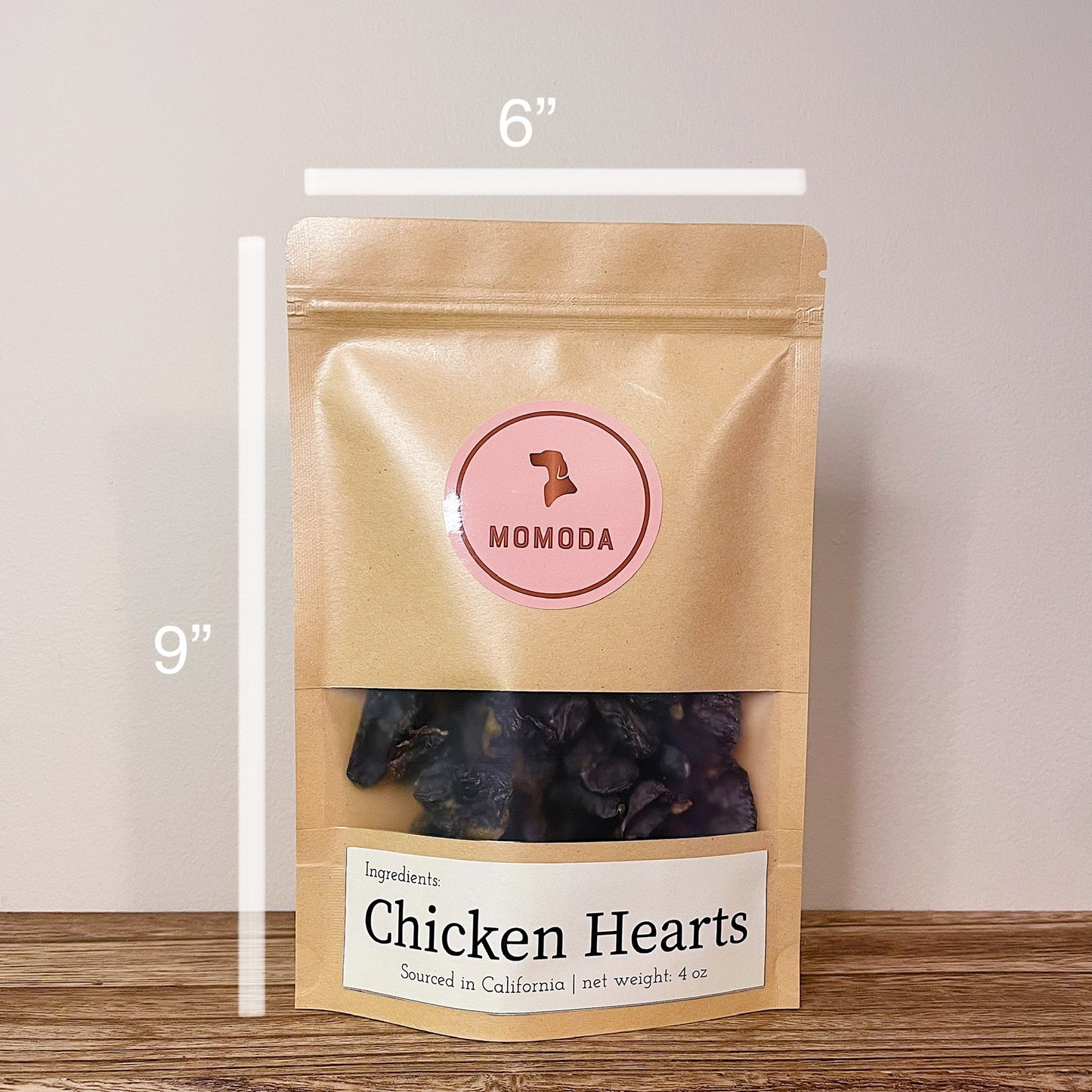 chicken hearts packaged in eco friendly kraft bag. The size of the bag is 6" by 9".