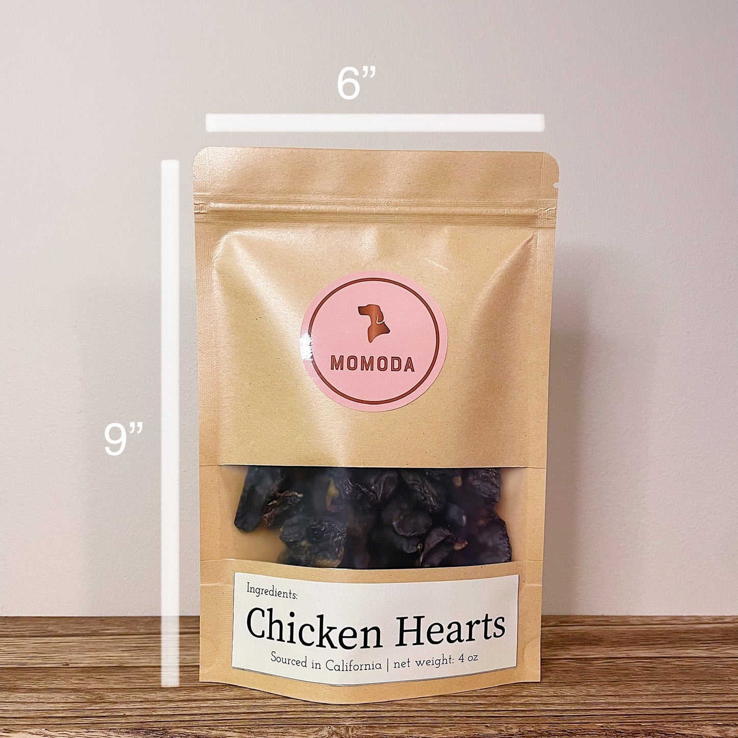 chicken hearts packaged in eco friendly kraft bag. The size of the bag is 6" by 9".