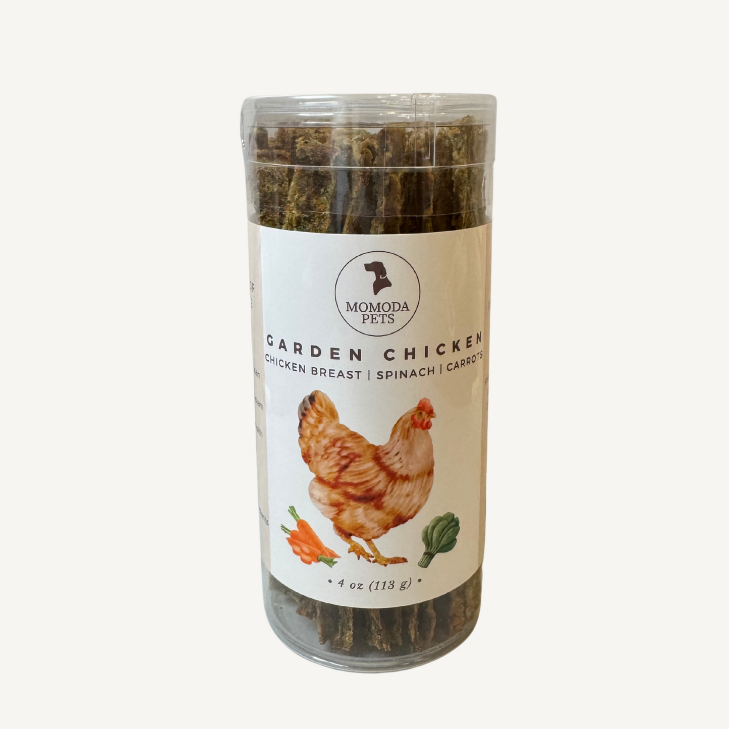 Jar of 'Garden Chicken' pet treats with a label on a white background
