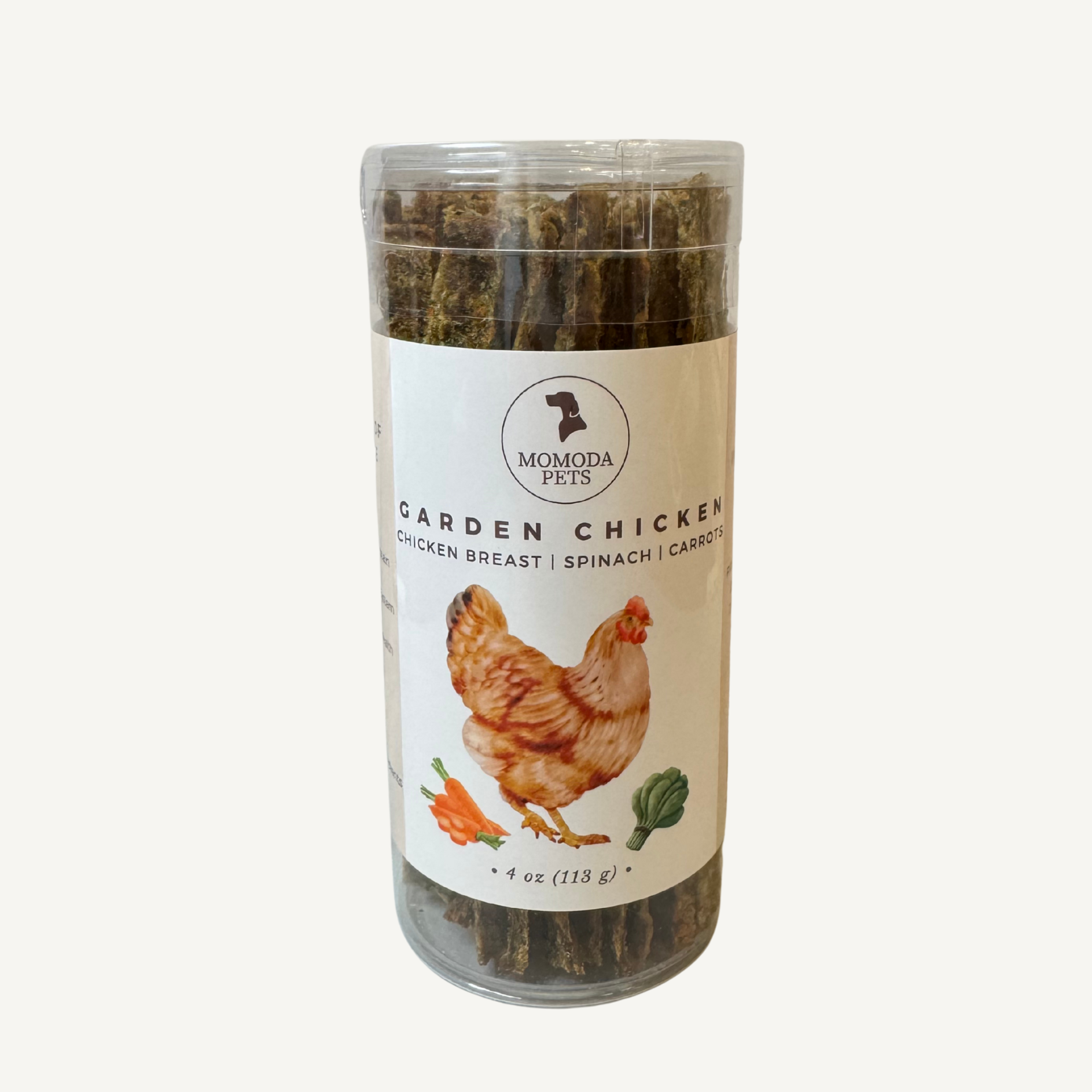 Jar of 'Garden Chicken' pet treats with a label on a white background